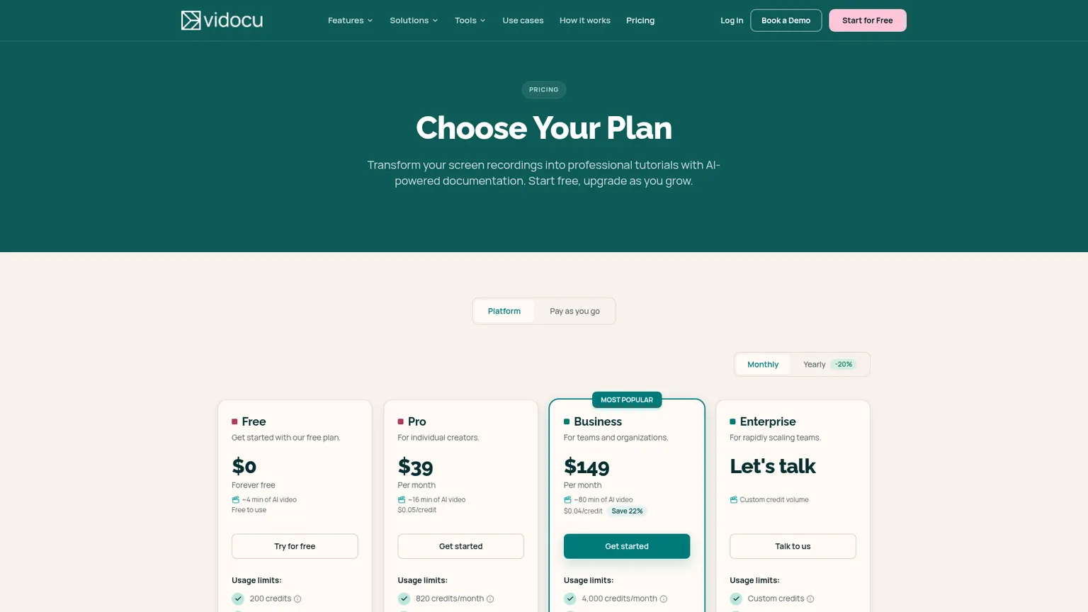 Vidocu pricing page with Free, Pro, Business, and Enterprise plans