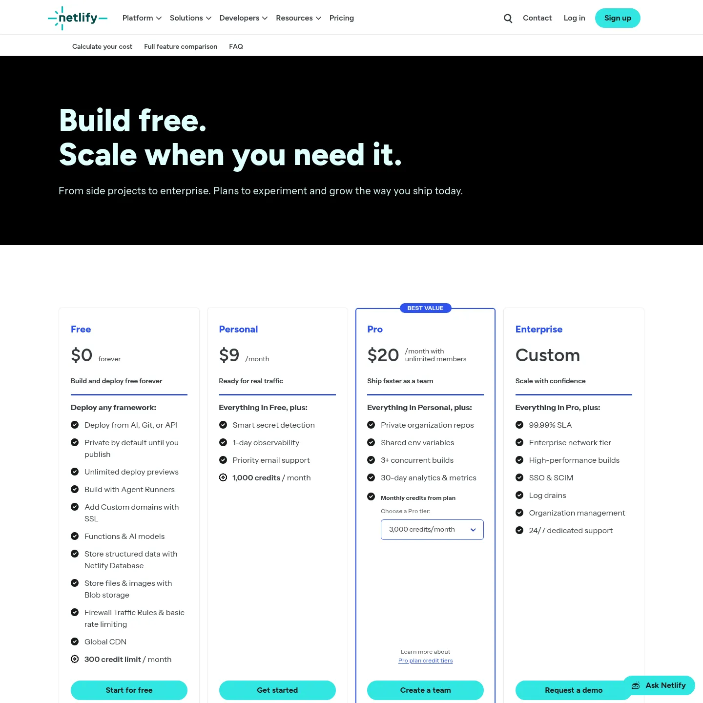 Netlify pricing page showing Free, Personal, Pro and Enterprise plans