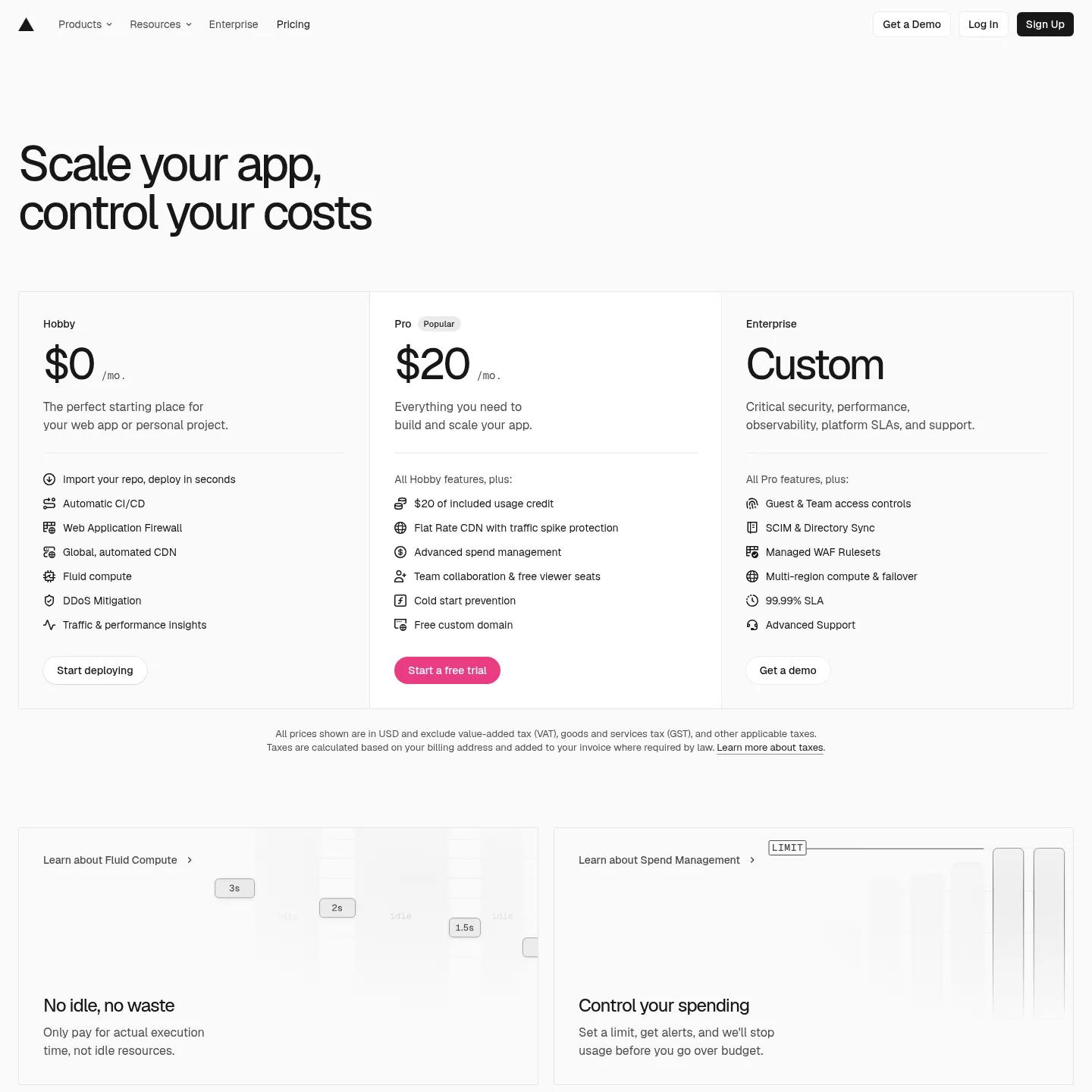 Vercel pricing showing Hobby, Pro and Enterprise