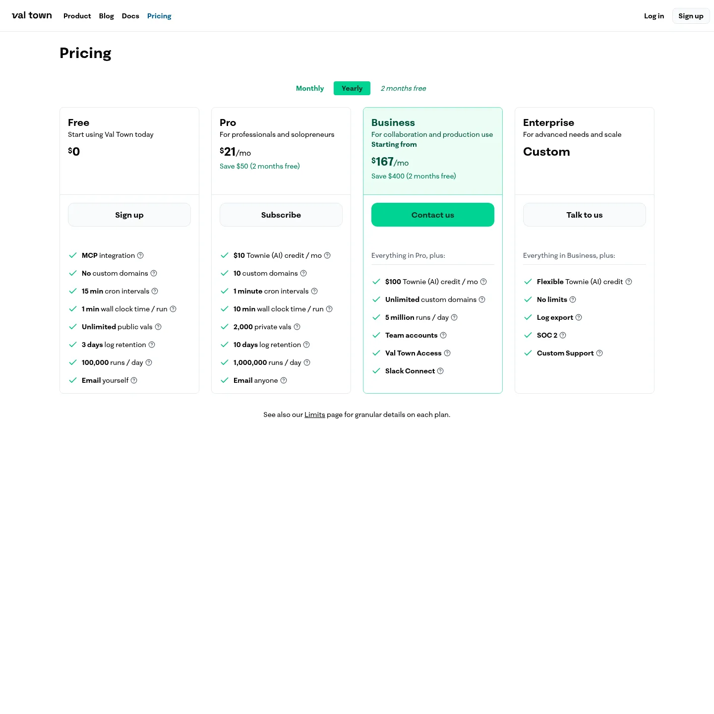 Val Town pricing with Free, Pro, Business and Enterprise tiers