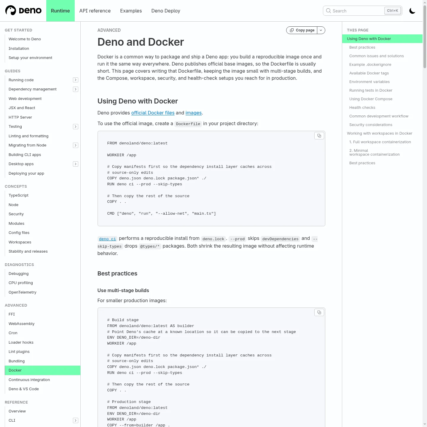 Deno's official Docker guide for containerizing and operating an application