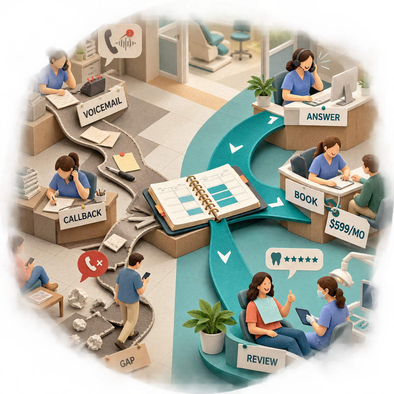 Workflow odontoiatrico prima e dopo, dalla chiamata persa alla prenotazione verificata, in stile papercraft