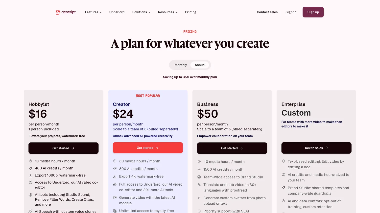 Free, Hobbyist, Creator, Business, Enterprise를 보여 주는 Descript 실시간 가격 페이지