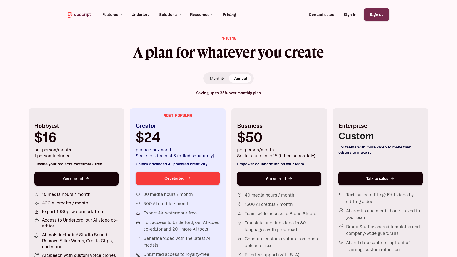 Descript live pricing page with Free Hobbyist Creator Business and Enterprise tiers