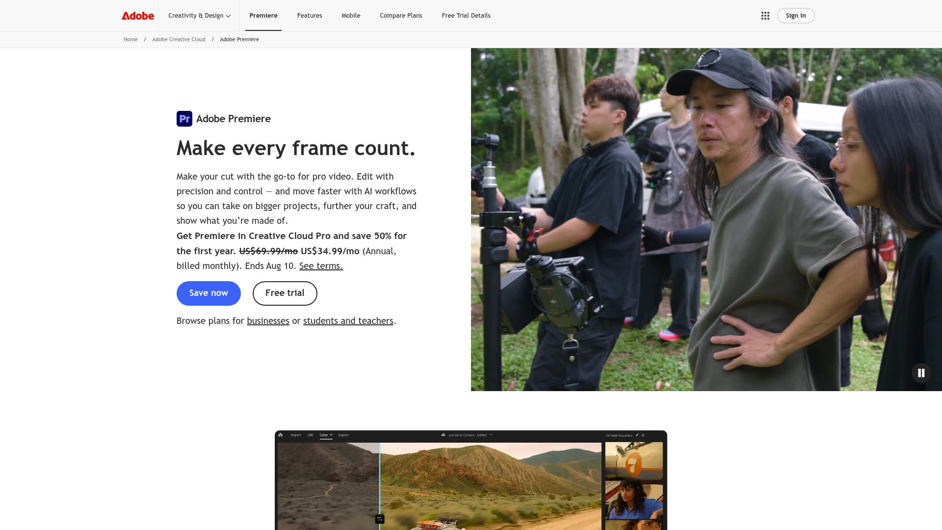 Adobe Premiere professional video editor page