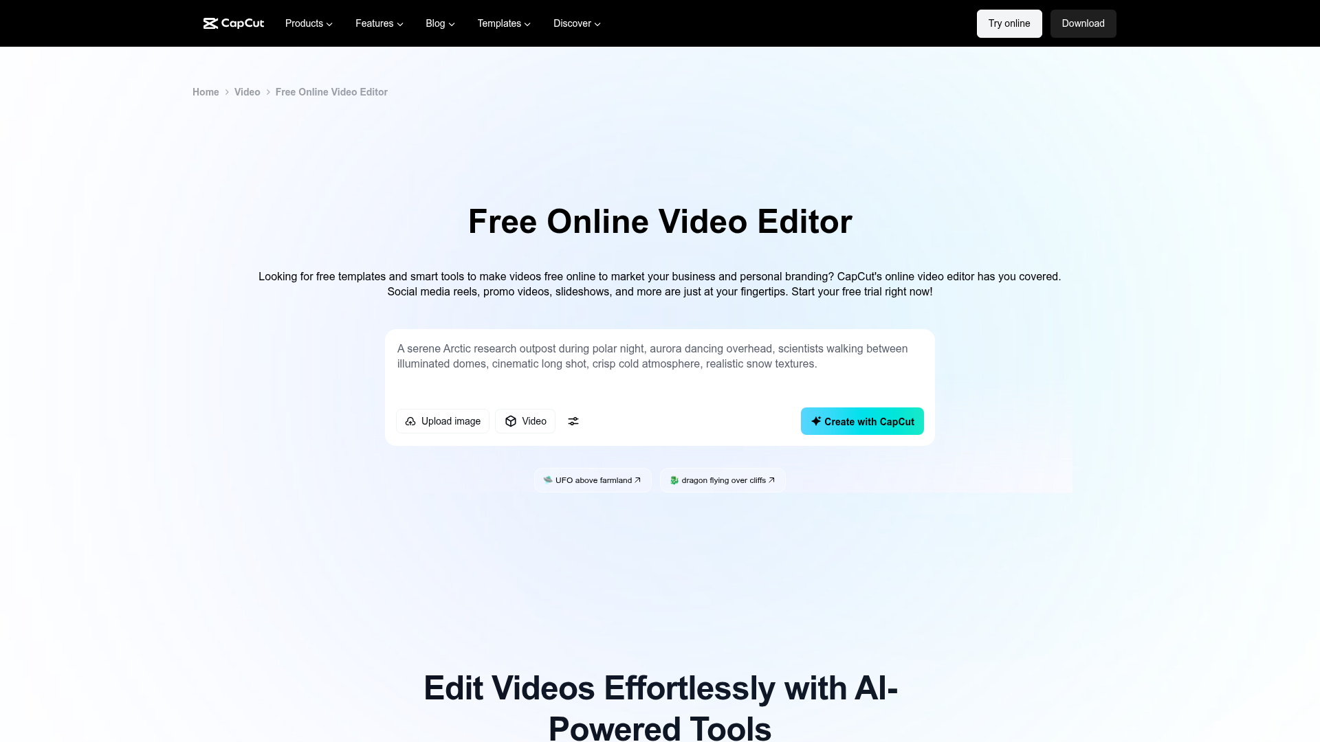 CapCut free online video editor page