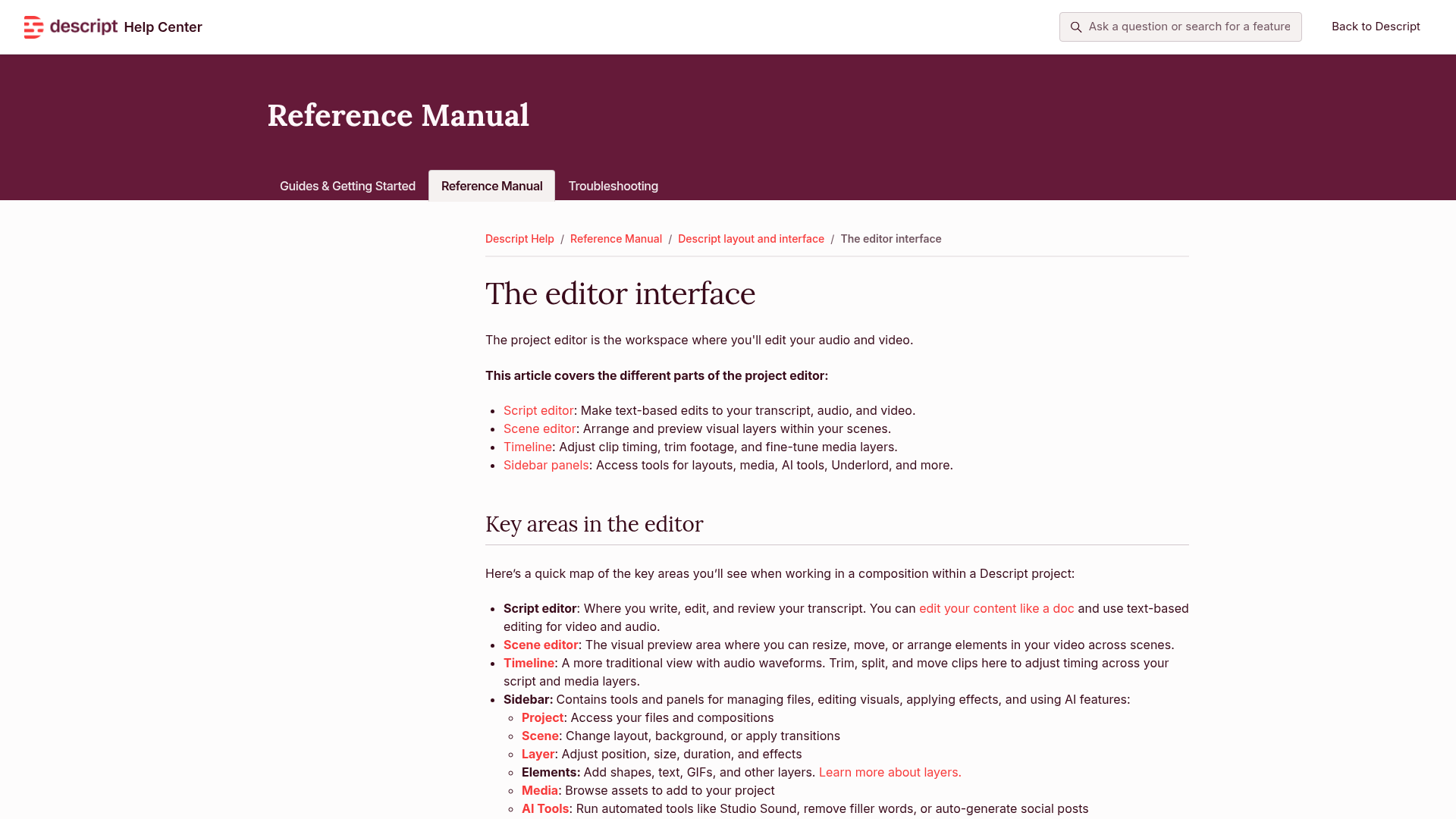 Descript public editor interface guide showing script scene and timeline areas