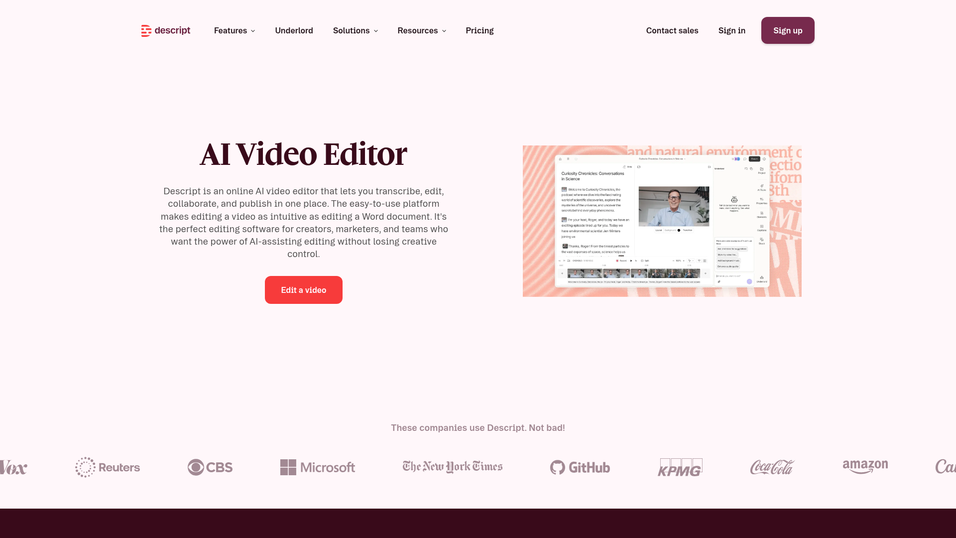 Descript text-based video editor workflow page