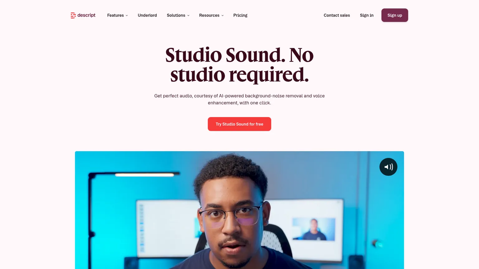 Descript Studio Sound 오디오 정리 기능 페이지