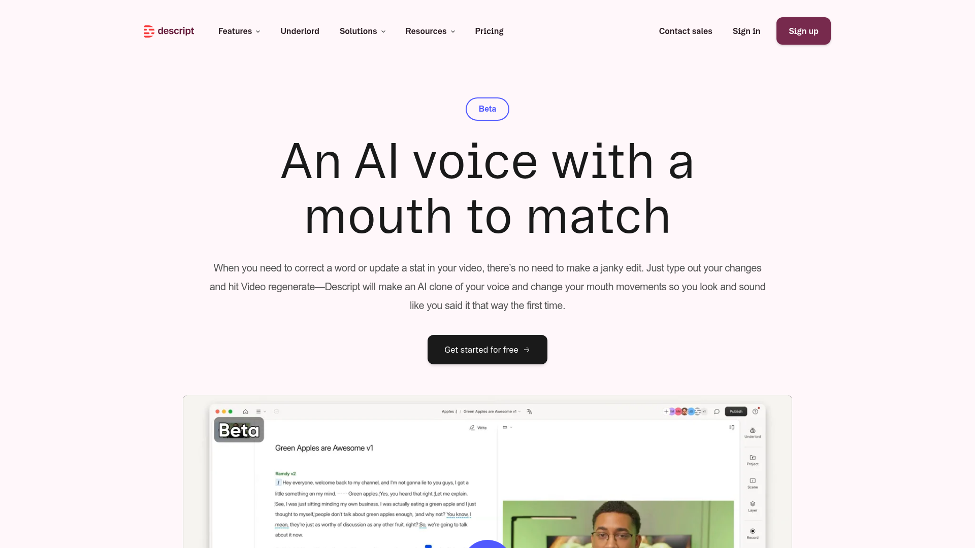 Descript Video Regenerate correction feature page