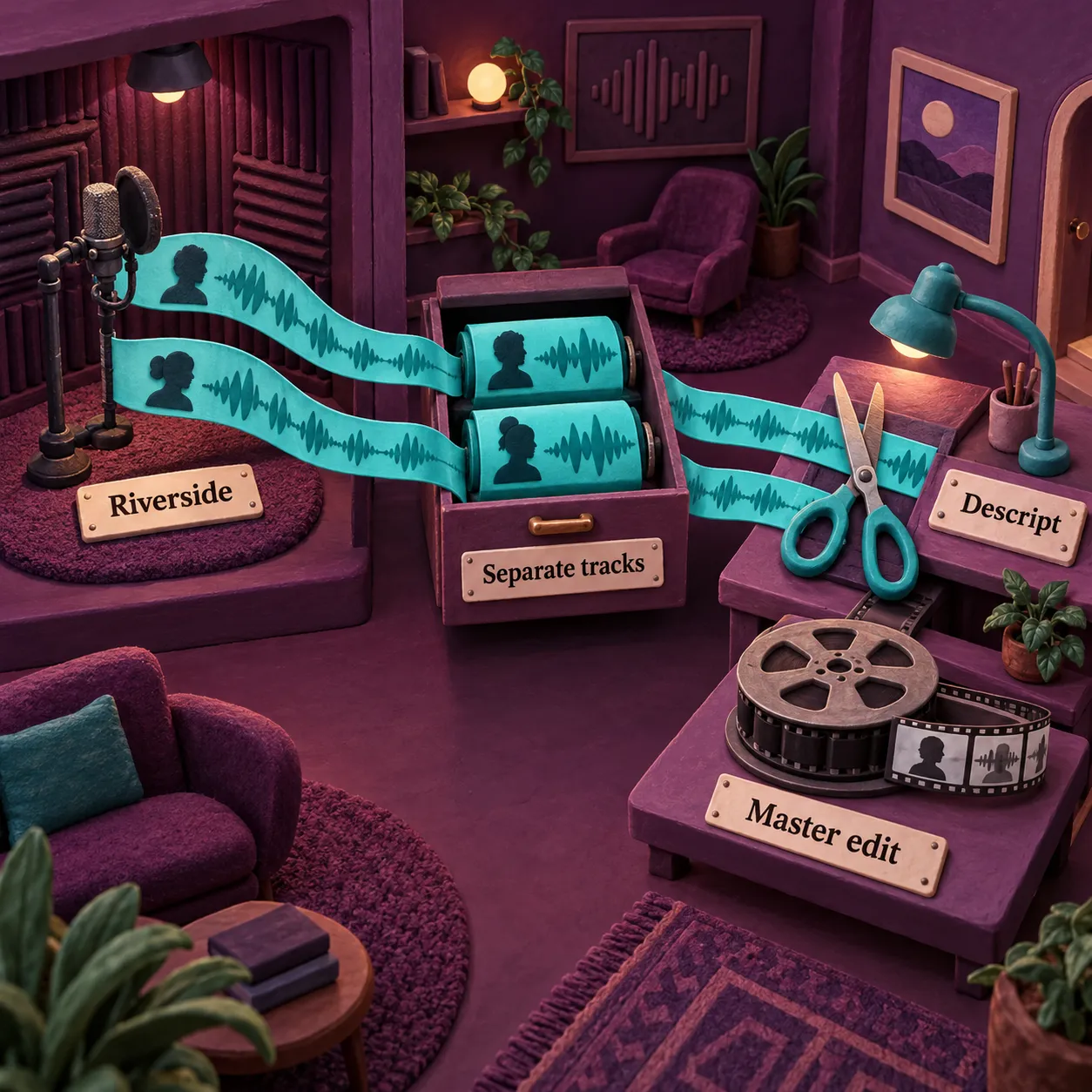 Separate speaker tracks preserved between Riverside recording and a Descript master edit