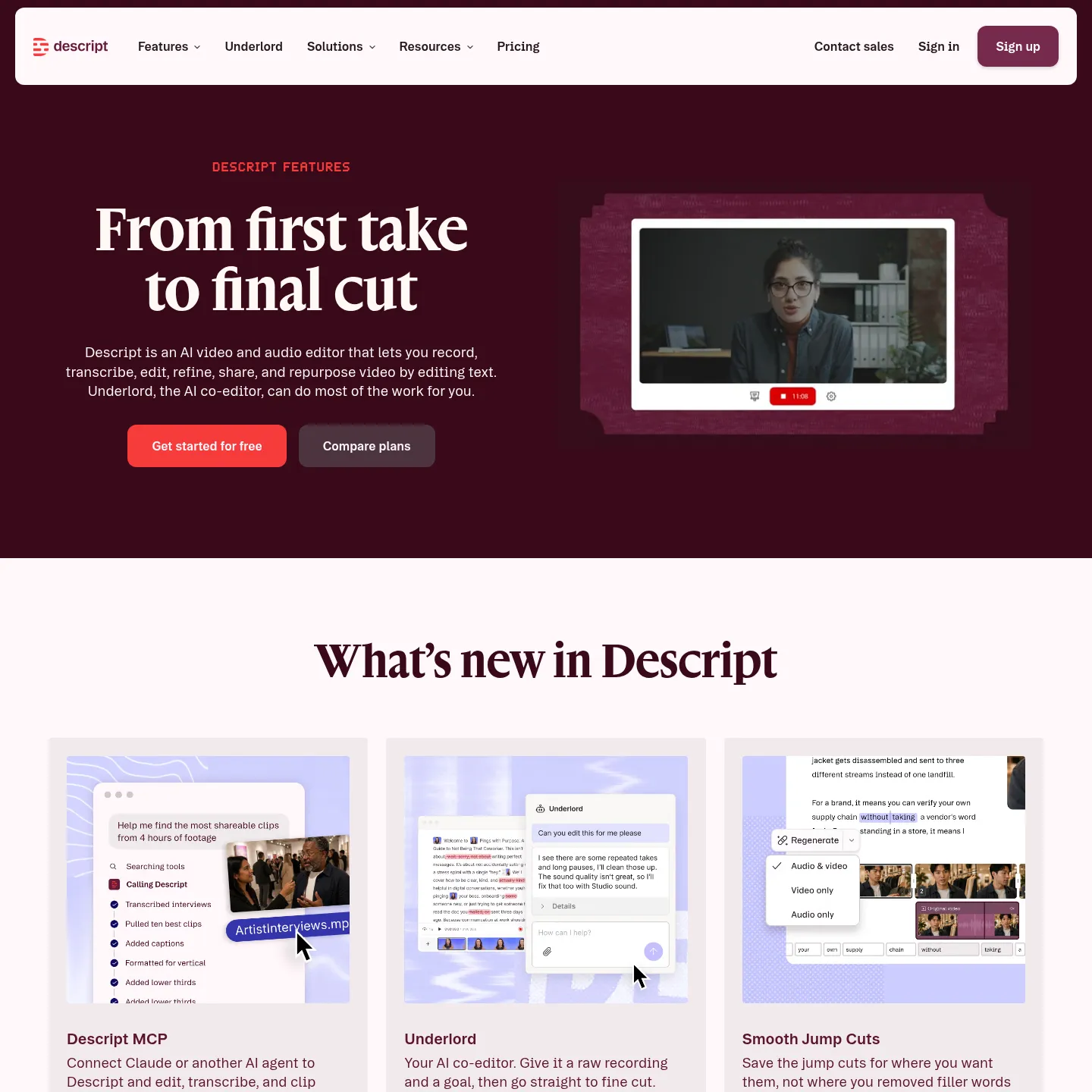 Descript's features page showing transcript editing, Underlord and production tools