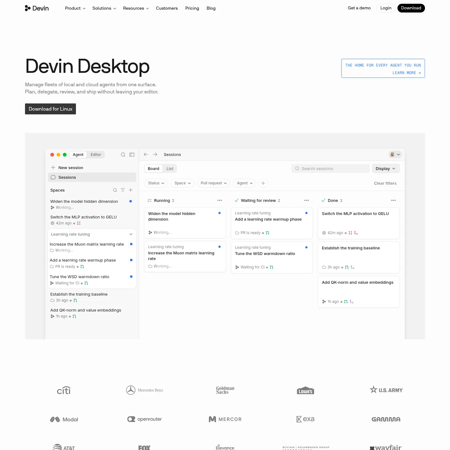 Devin Desktop 产品页面,展示 Agent Command Center 和集成编辑器