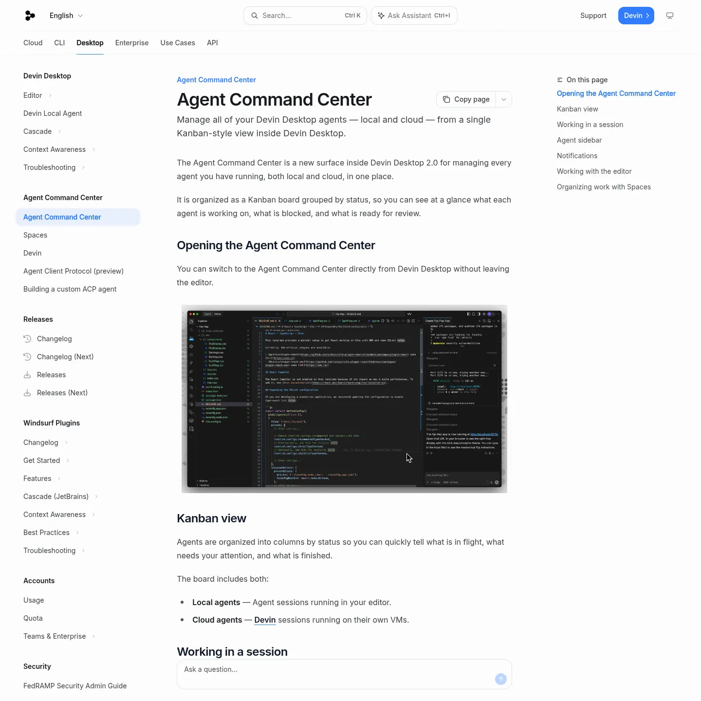 Devin Desktop 的 Agent Command Center 文档说明会话状态与通知
