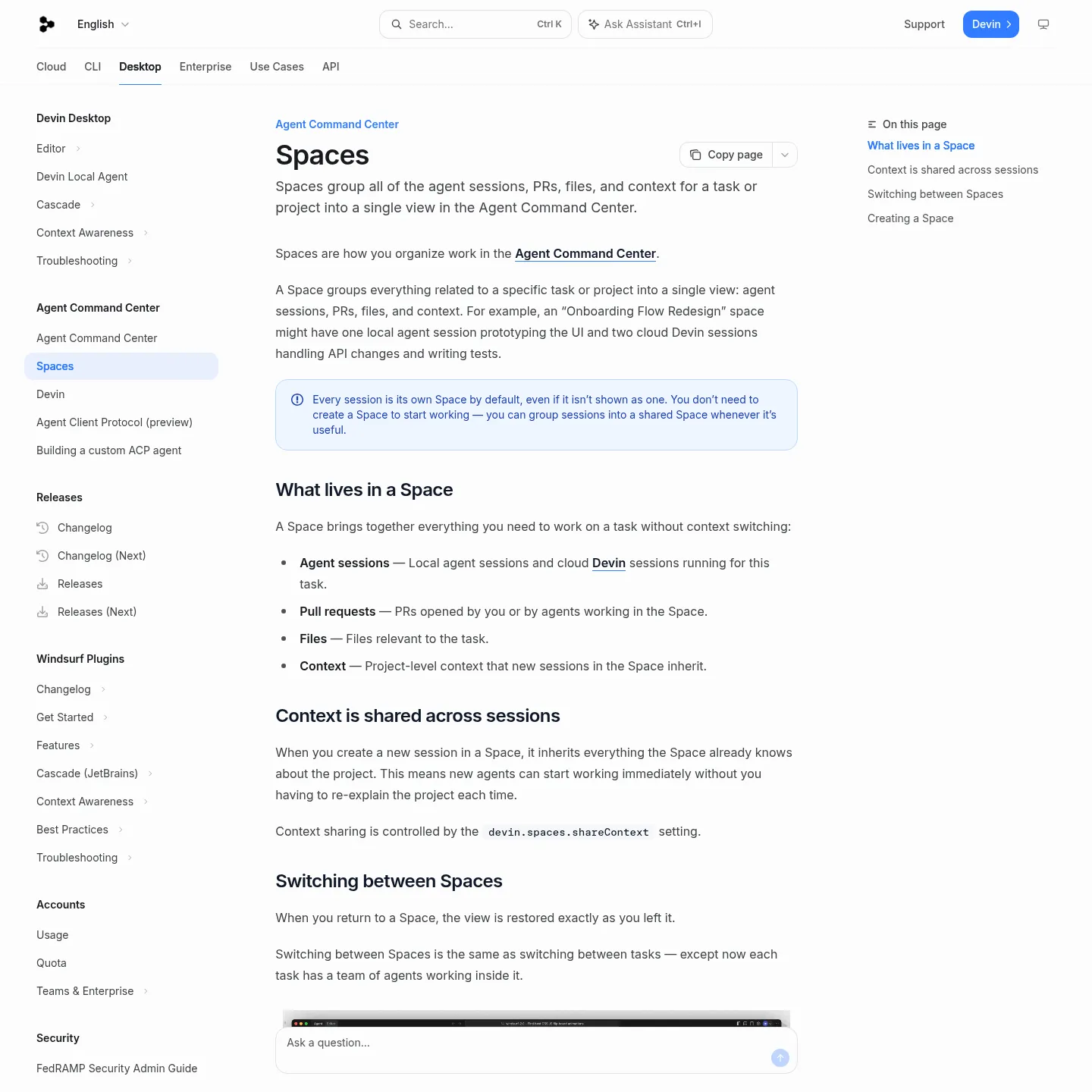 Devin Desktop 的 Spaces 文档介绍会话分组和上下文继承