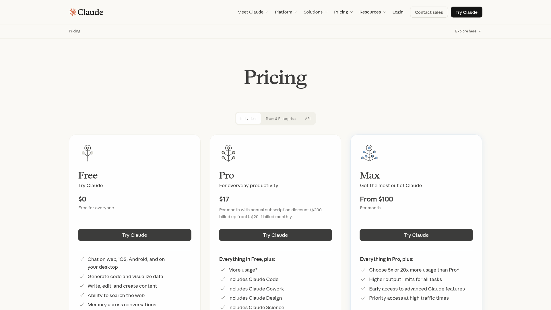 Claude pricing page showing Free, Pro, Max, Team, and Enterprise plans