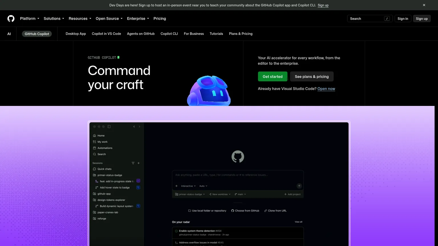 GitHub-Copilot-Preisseite mit Free, Pro, Pro Plus, Max, Business und Enterprise
