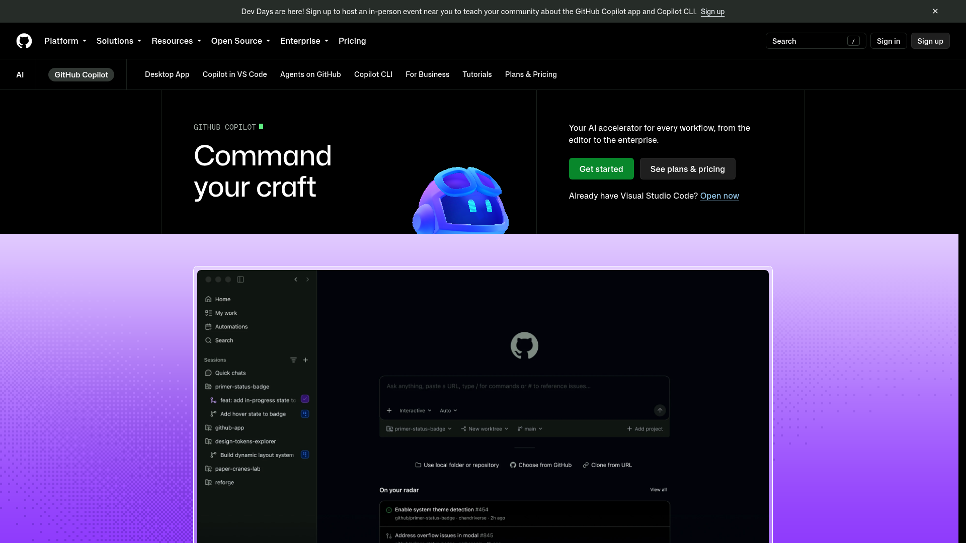 GitHub Copilot pricing page showing Free, Pro, Pro Plus, Max, Business, and Enterprise