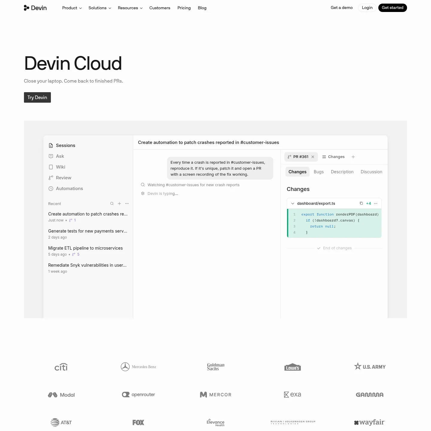 Página de Devin Cloud con sesiones de programación delegadas y flujos de trabajo con pull requests