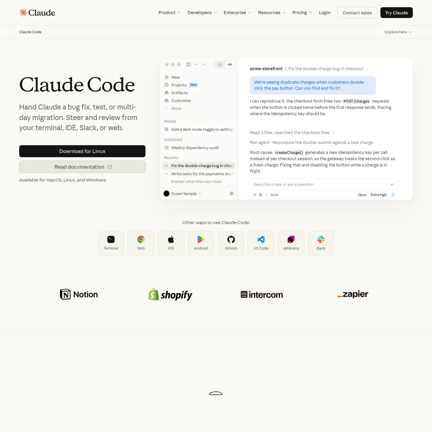 Página de Claude Code en la que Anthropic presenta su agente de programación