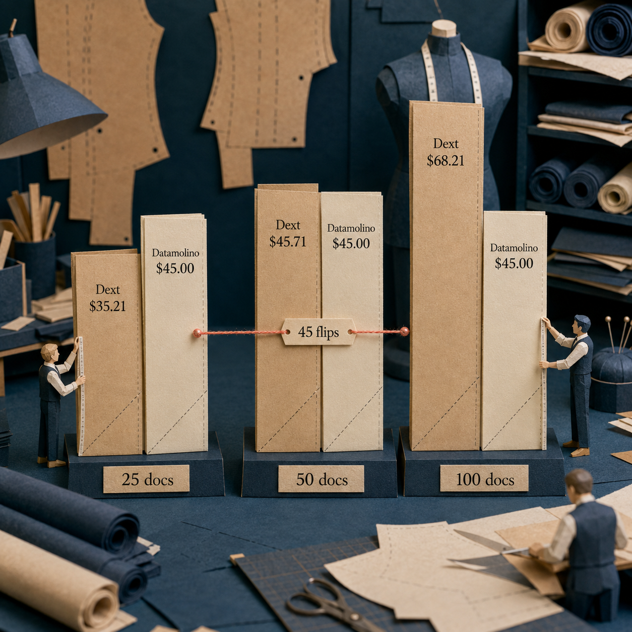 Paired cost columns comparing Dext and Datamolino at 25, 50, and 100 line-item documents per month