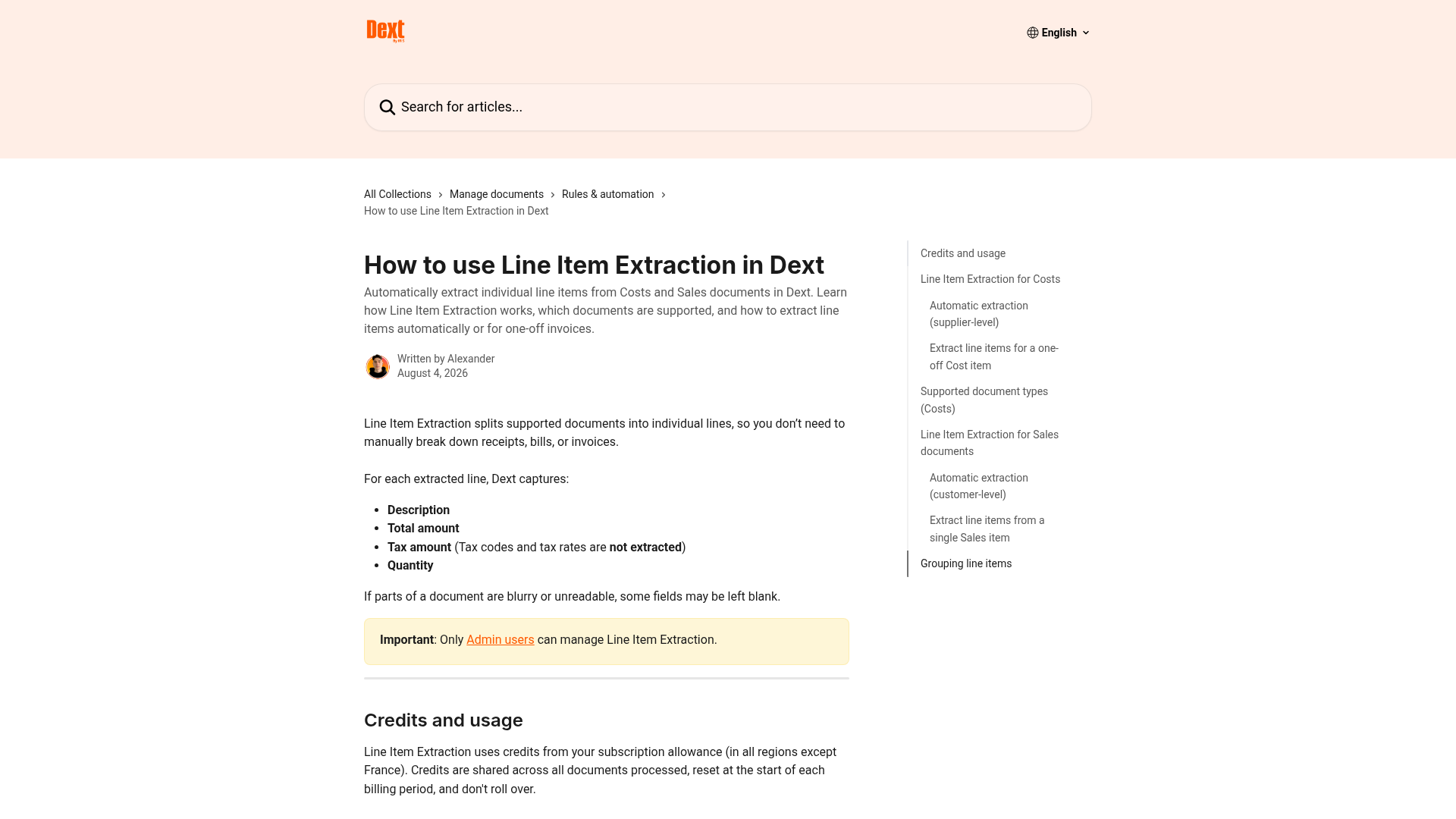 Dext help page explaining line-item extraction fields, credits, and activation