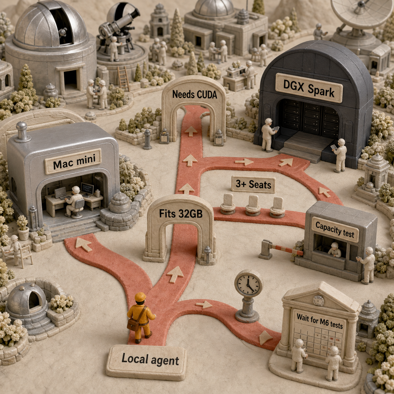 Decision flow routing local agent buyers by memory fit, CUDA requirement, team size, and missing M6 benchmarks