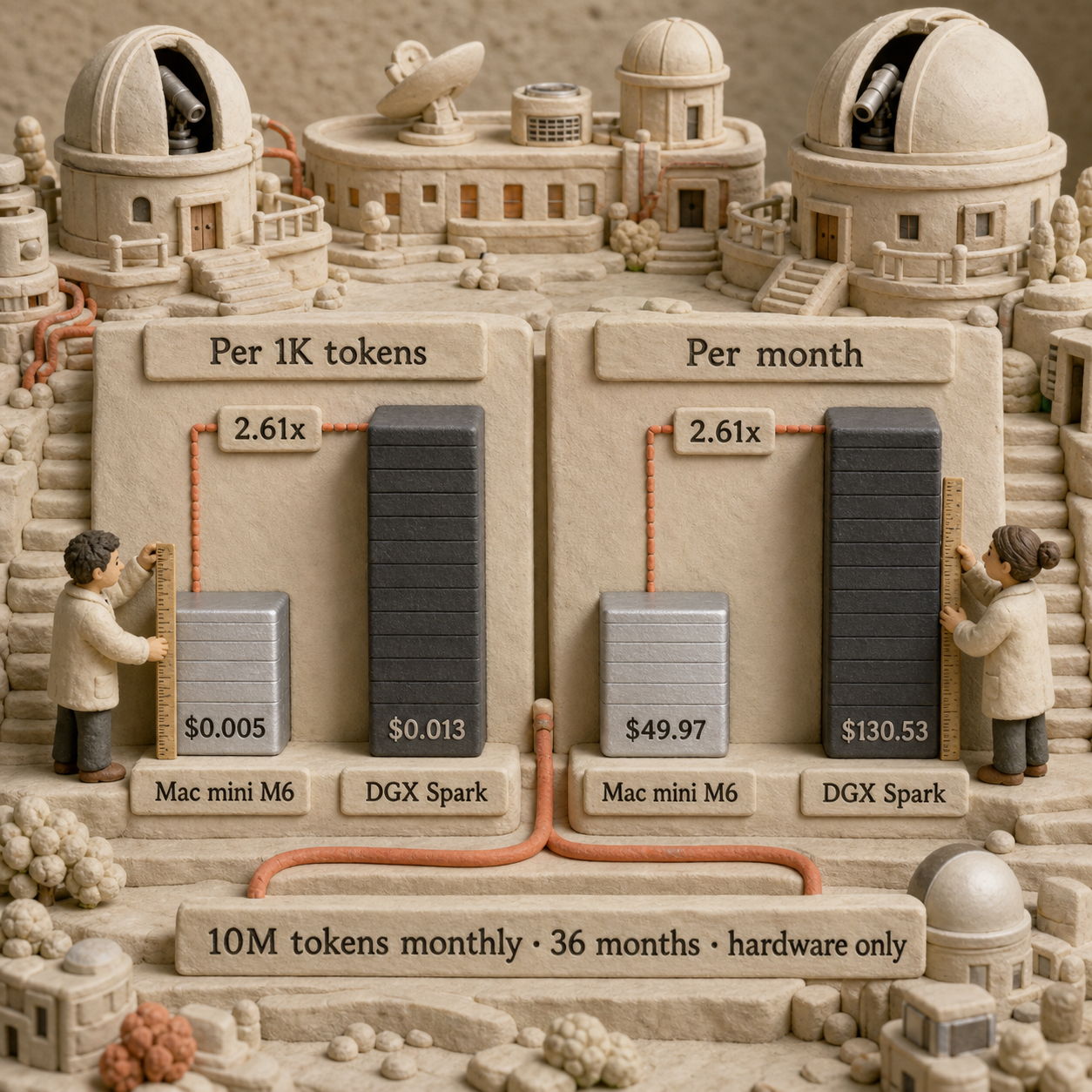Column chart comparing hardware cost per one thousand output tokens and monthly amortized cost for Mac mini M6 and DGX Spark