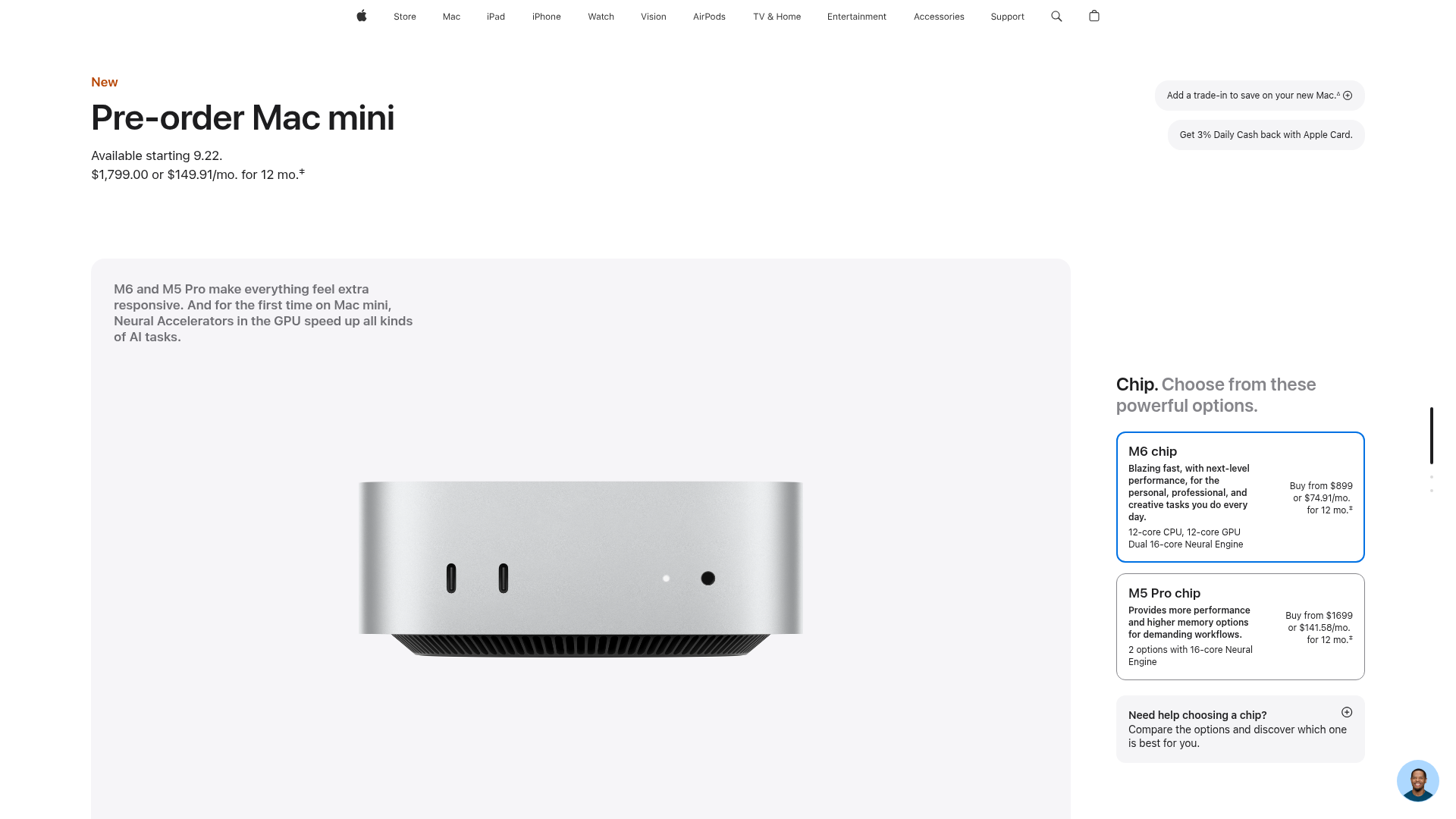 Apple Store page for the Mac mini M6 with 32GB memory and 1TB storage
