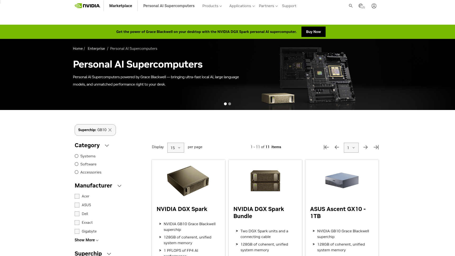 NVIDIA marketplace page showing DGX Spark pricing and specifications