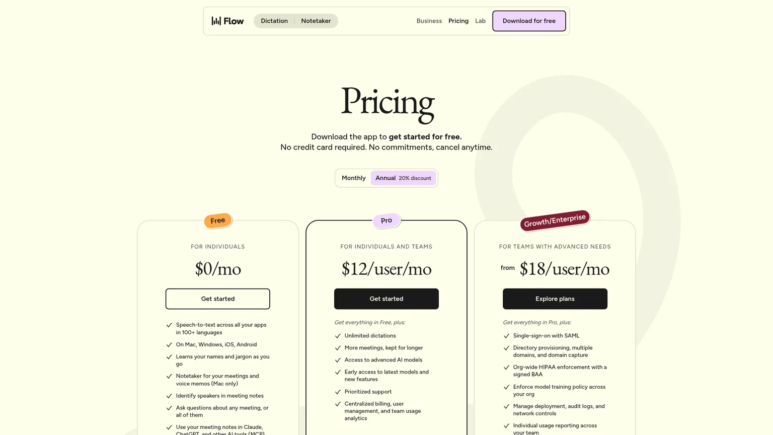 FreeとProのディクテーションプランを示すWispr Flowの料金ページ