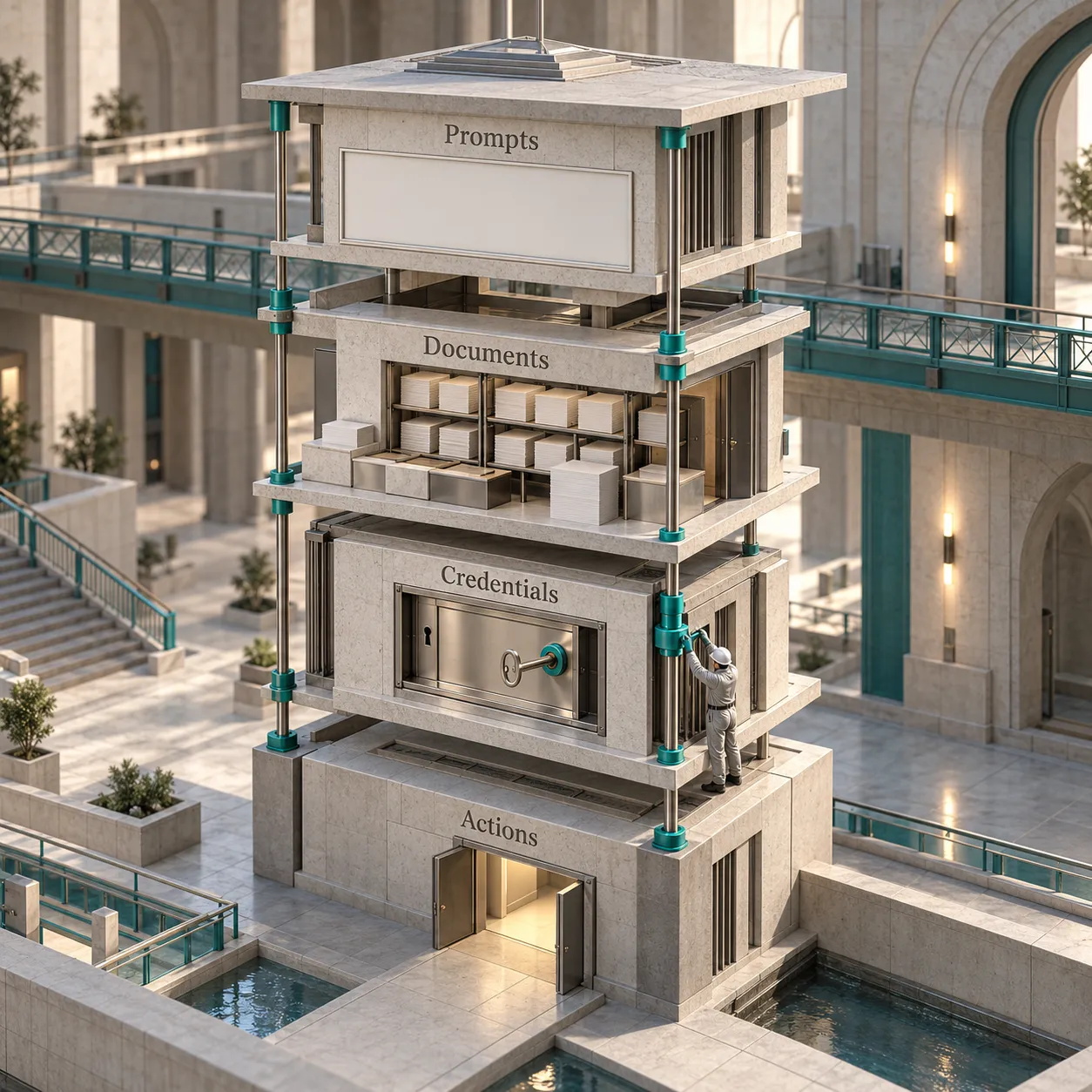 Four architectural layers representing prompts, documents, credentials and actions in a platform migration