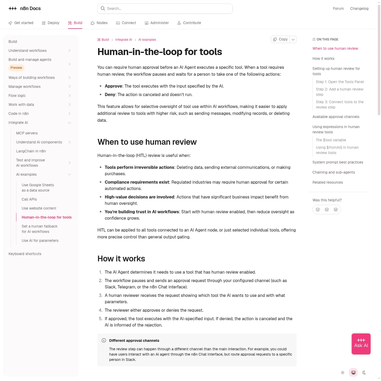 n8n documentation showing how human review is attached to AI Agent tools