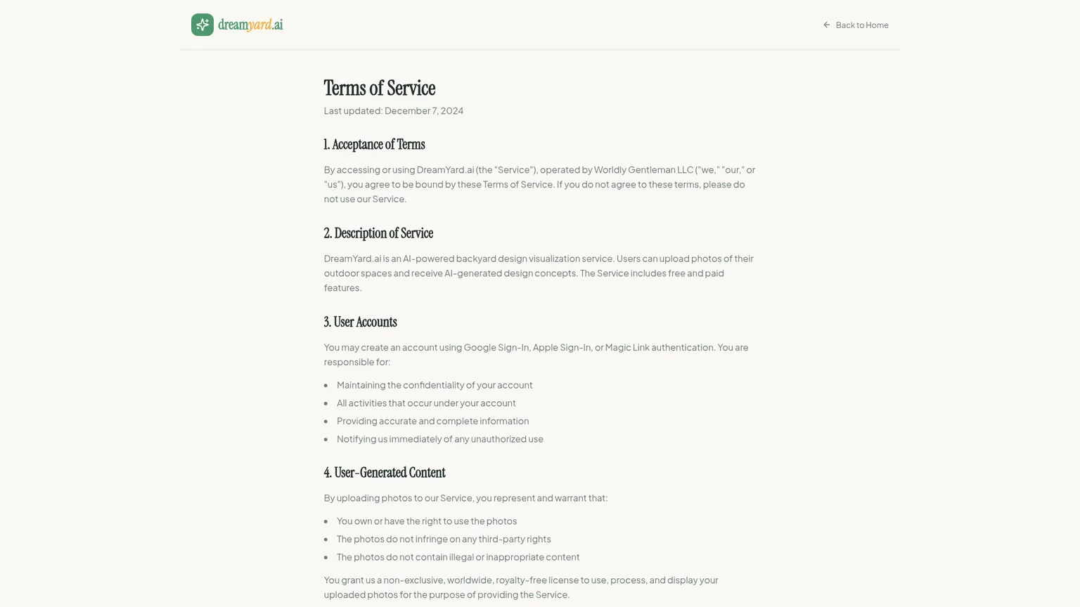 DreamYard terms page covering uploaded photos and commercial output use