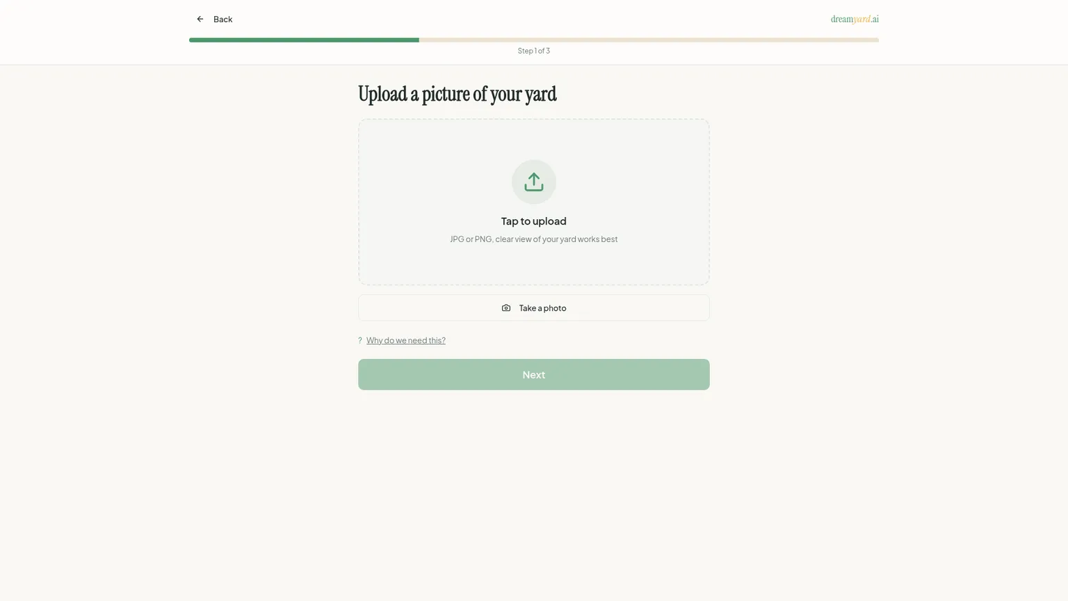 DreamYard upload screen requesting a clear JPG or PNG yard photo