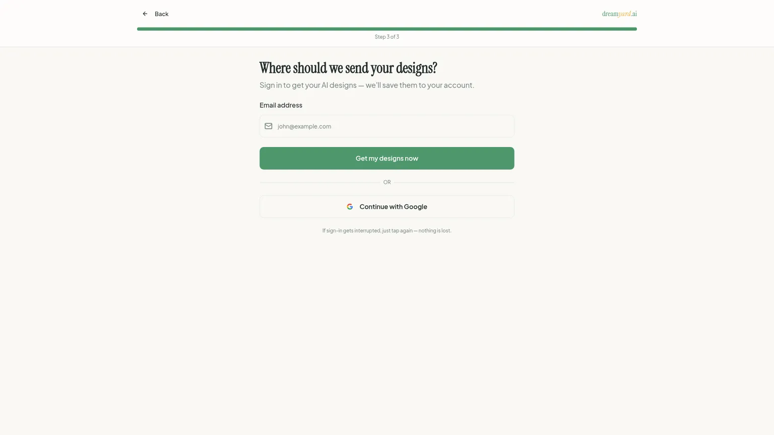 DreamYard email and Google sign-in gate before designs are delivered