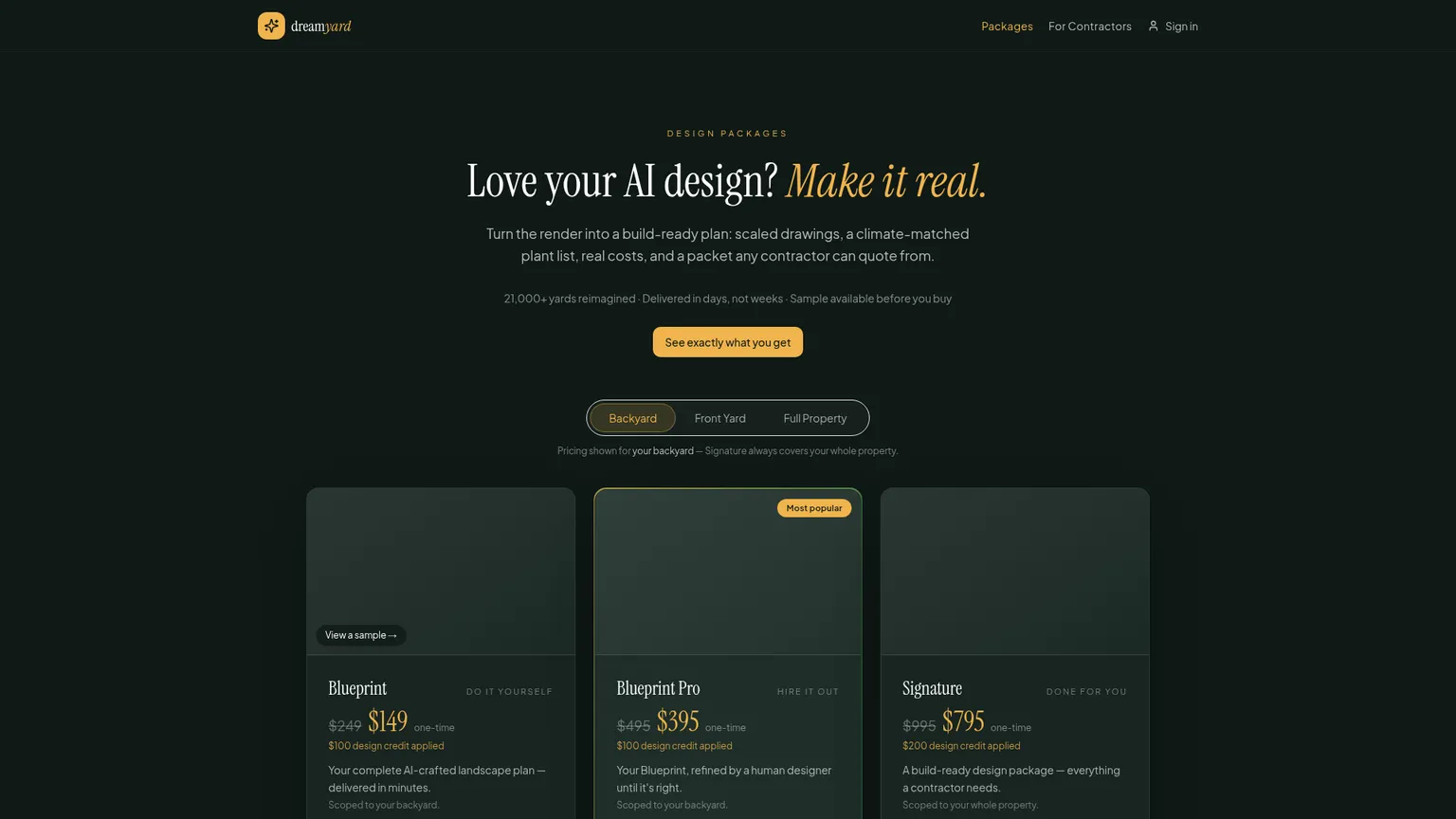 DreamYard design-package page showing Blueprint, Blueprint Pro, and Signature offers