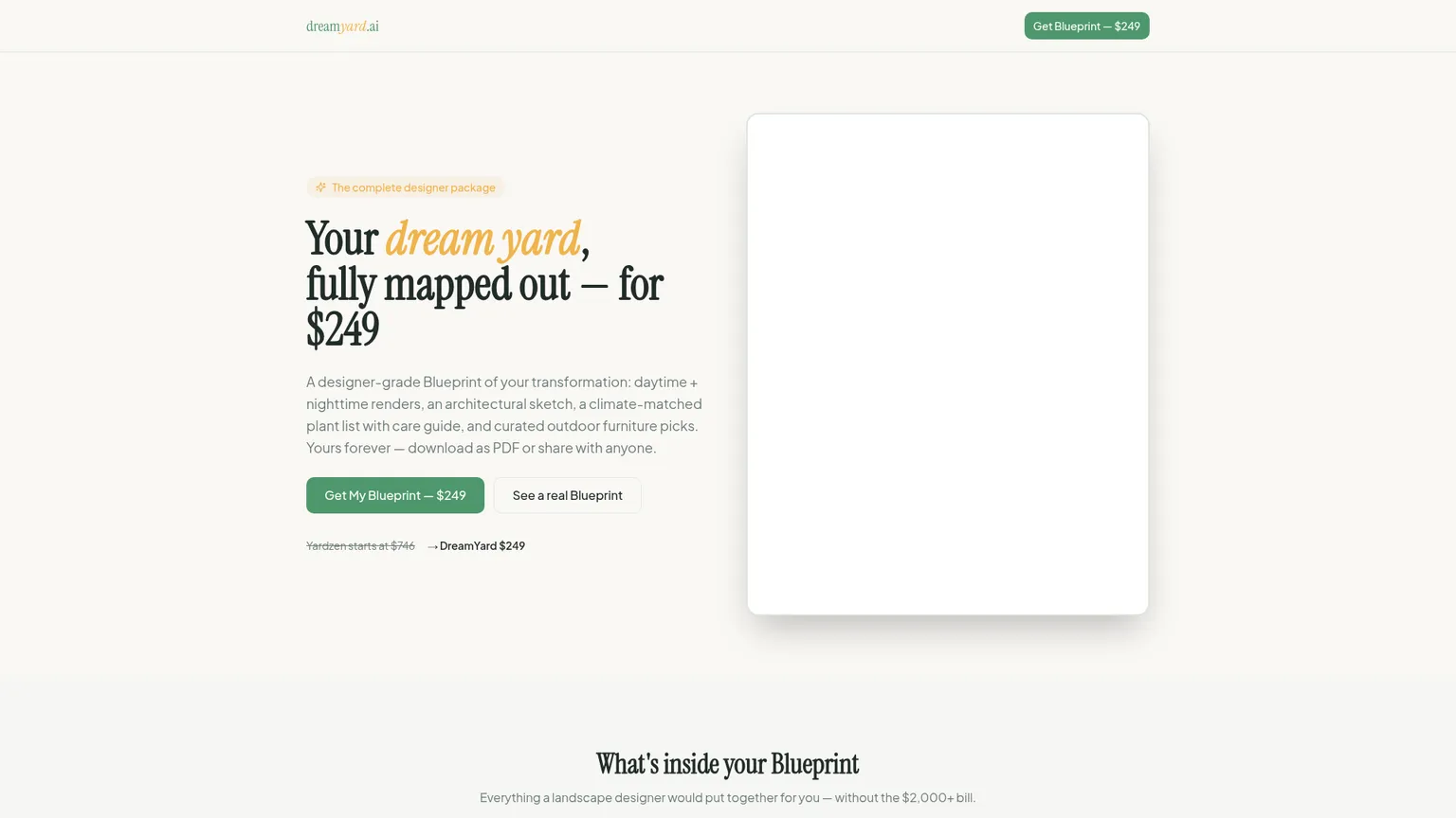 DreamYard Blueprint page showing its separate price and listed deliverables