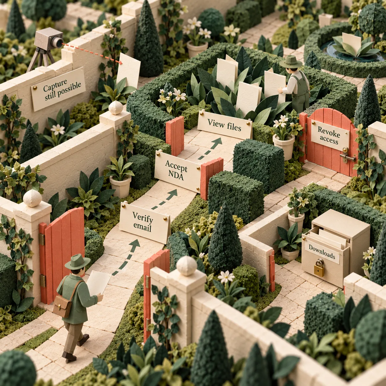 Paper garden path through email verification, NDA acceptance and file viewing, with controlled downloads and a camera outside the boundary