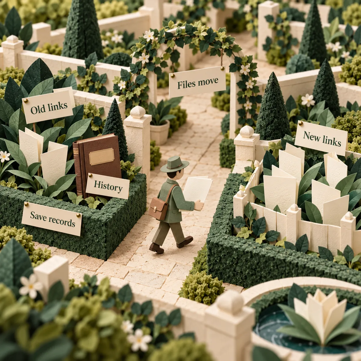 Before-and-after paper garden migration: files move to new links while the old history ledger is preserved separately