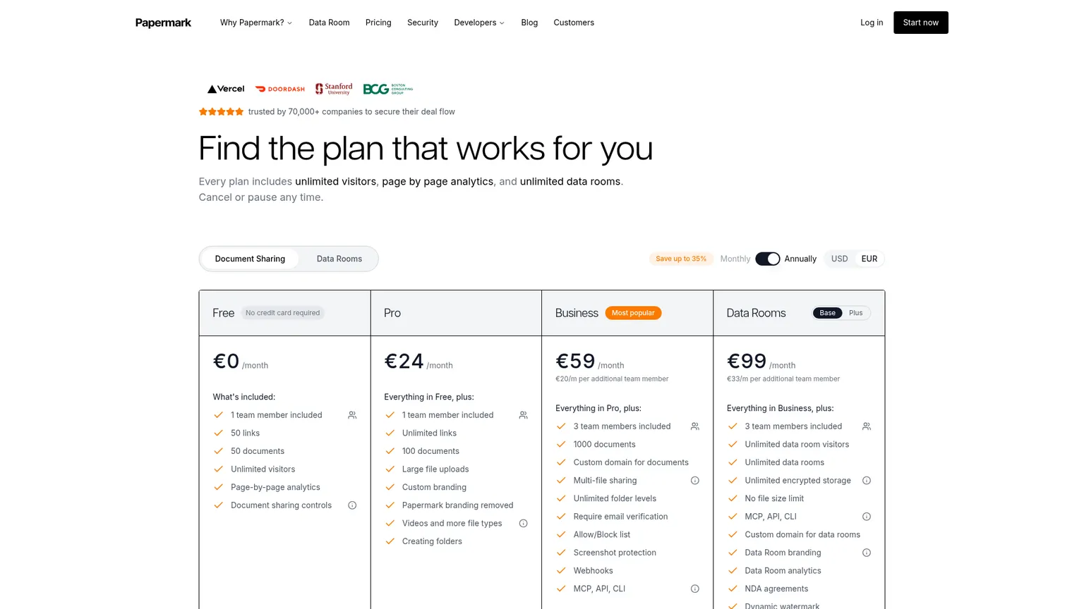 Papermark live pricing page with document-sharing and data-room plans