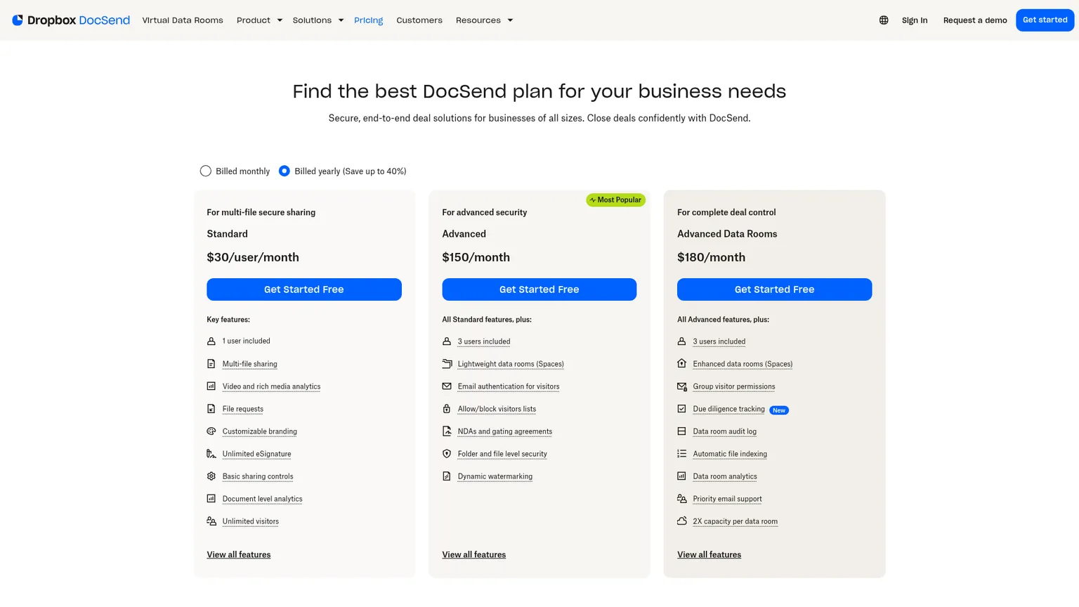Dropbox DocSend live pricing page showing Standard, Advanced and Advanced Data Rooms