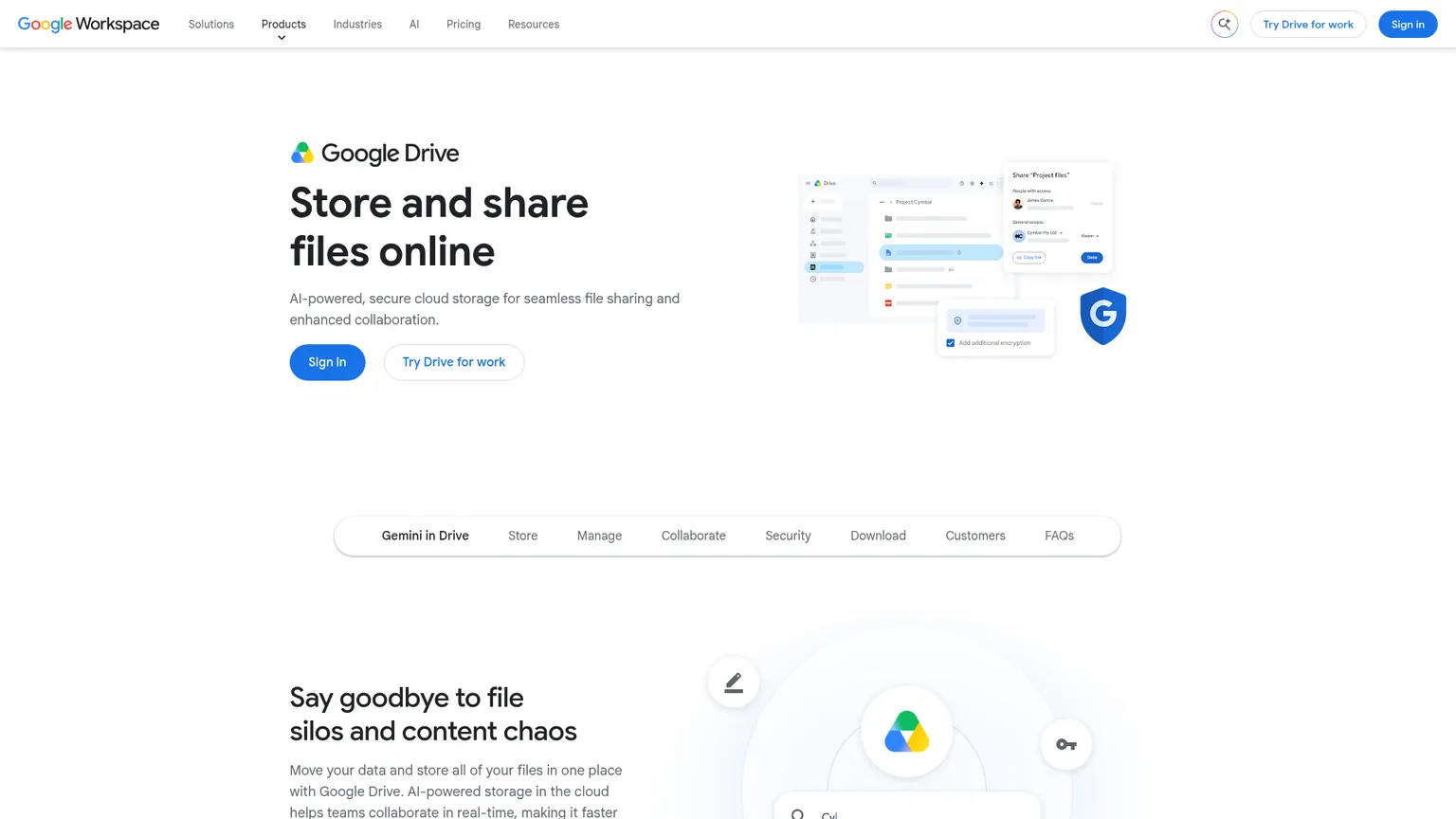 Google Drive product page showing file storage and sharing