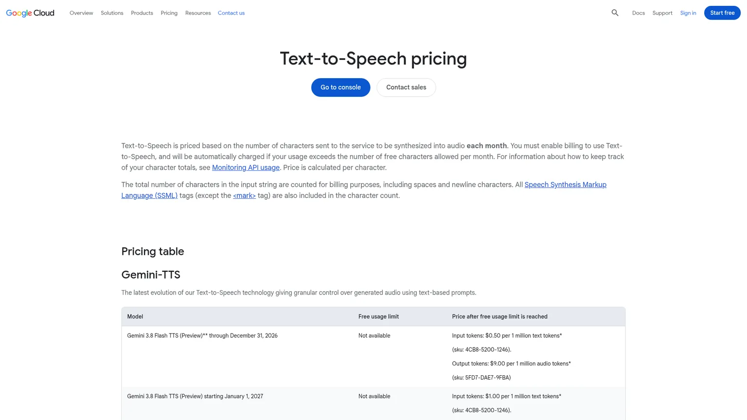 Tabla de precios de Google Cloud Text-to-Speech con tarifas por carácter independientes para cada familia de voces