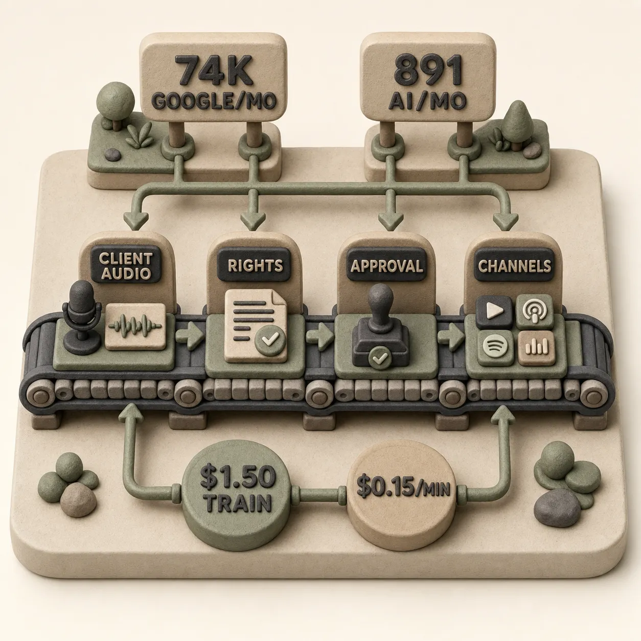 Wirtschaftlichkeits-Infografik im Clay-Stil: breite Nachfrage nach KI-Musik, Trainingskosten, Generierungskosten und Freigabeprozess einer Agentur