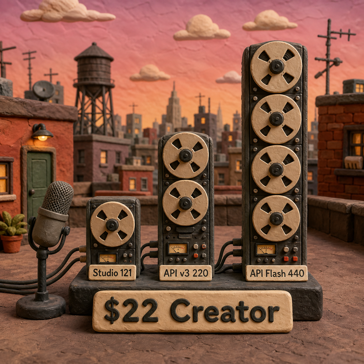 Three audio reel towers comparing 121 Studio minutes, 220 Multilingual API minutes, and 440 Flash API minutes on Creator