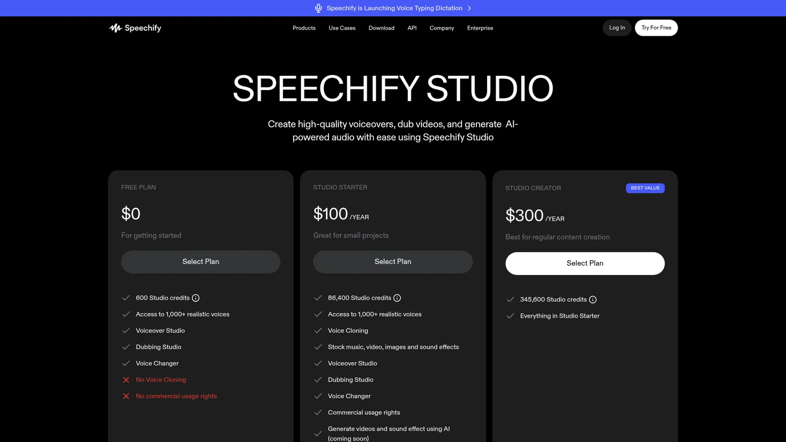Página de preços do Speechify Studio com os planos Free, Starter e Creator