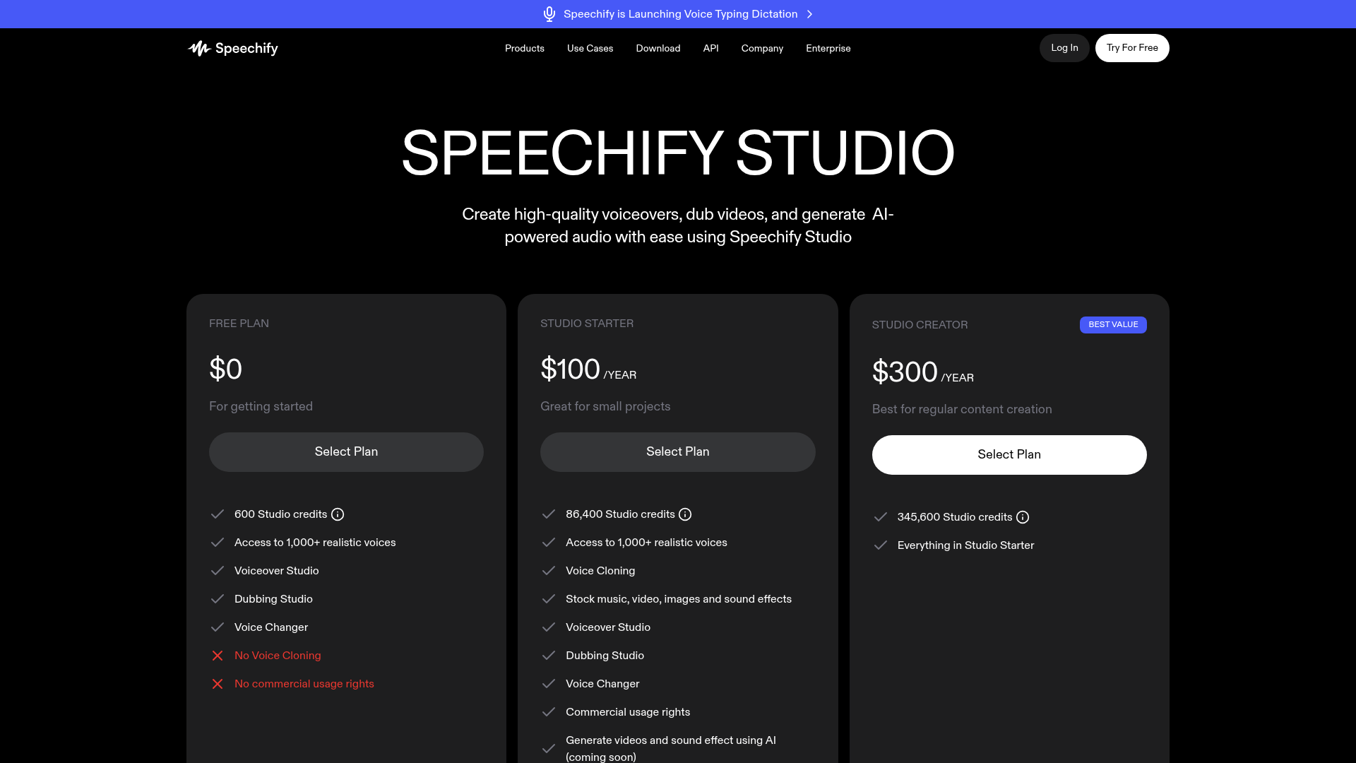 Speechify Studio pricing page with Free, Starter, and Creator plans