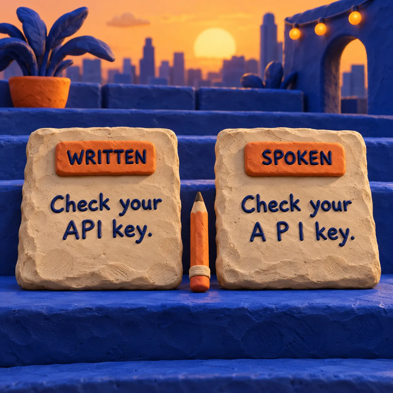 Préparation illustrée d’un script en anglais : la clé API devient la clé A P I pour expliciter la prononciation