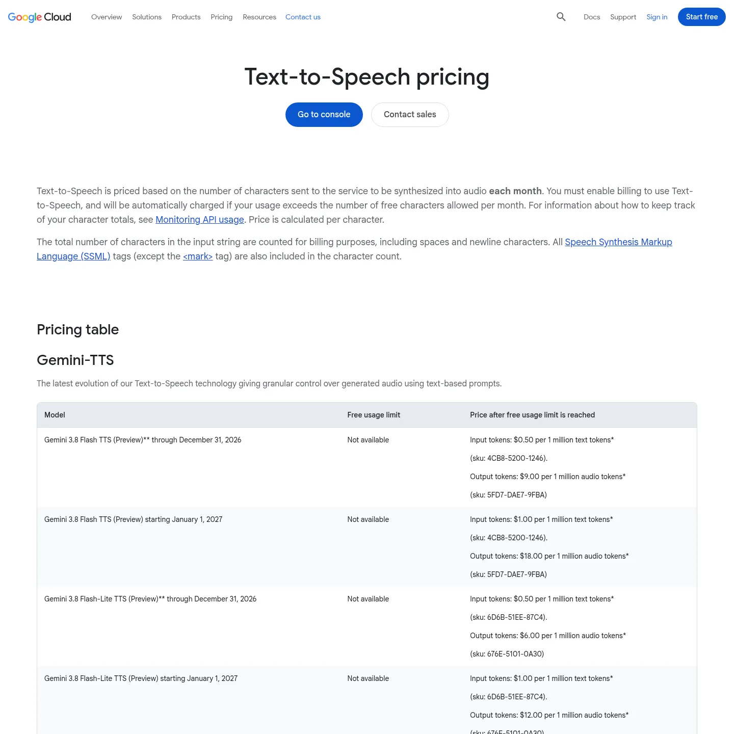 Tarifs Google Cloud Text-to-Speech indiquant le prix des caractères selon le modèle